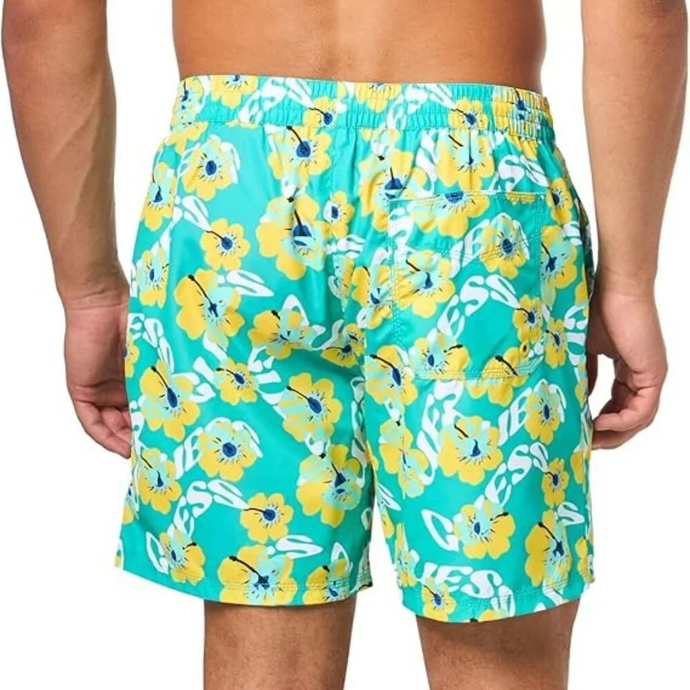 NWT M GUESS Men’s Eco Swim Trunk – Light Blue Ibiscus Logo Print